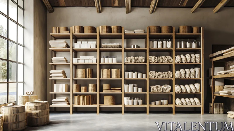 Sunlit spa shelves lined with baskets, bottles and soft towels.