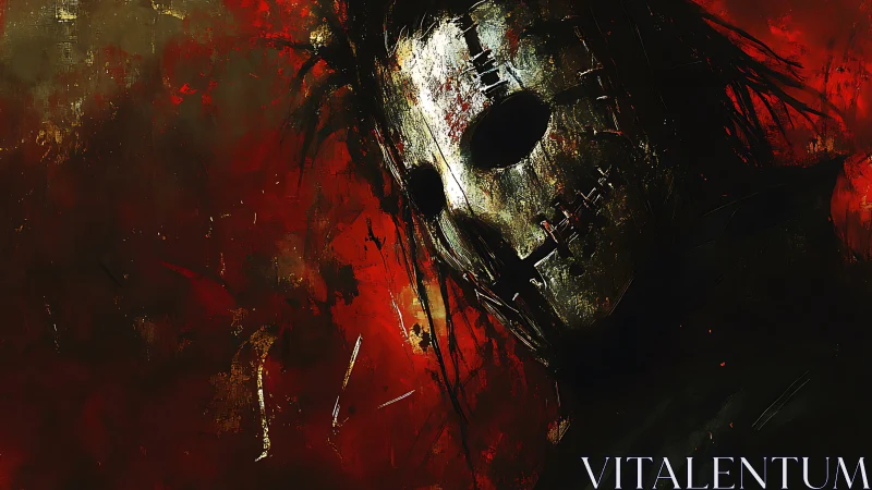 Scarred metal mask looms from blood-red abstract darkness