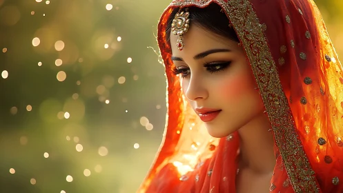 Woman in ornate red veil with jeweled headpiece outdoors.