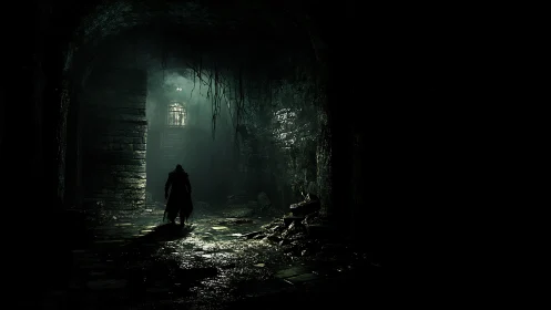 Shadowed wanderer stalks a moss-dark, forsaken dungeon corridor.