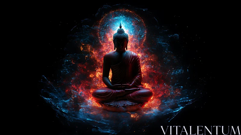 Meditating Buddha glows amid swirling blue and red energy halo
