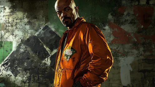 Brooding man in bright jacket stands against gritty wall