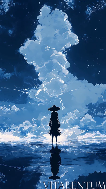 Silhouetted figure observing vertical cloud over reflective water.