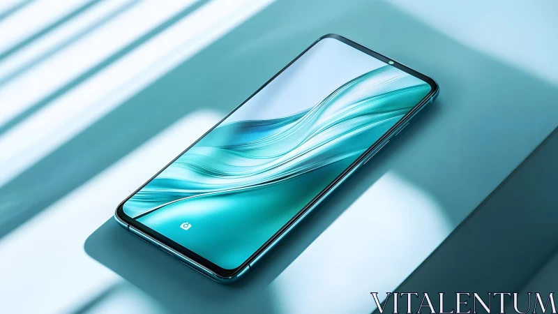Sleek modern smartphone with teal screen on minimalist surface. Sleek modern smartphone with teal screen on minimalist surface.