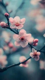 Pink blossoms on dark branch with soft background blur