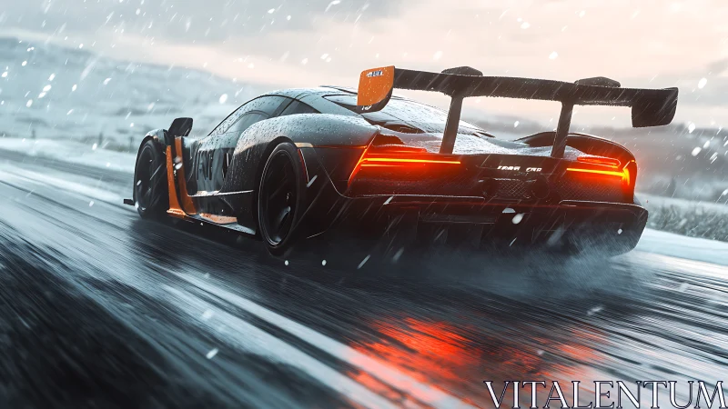 Rear view of racing car on wet snowy road at speed.