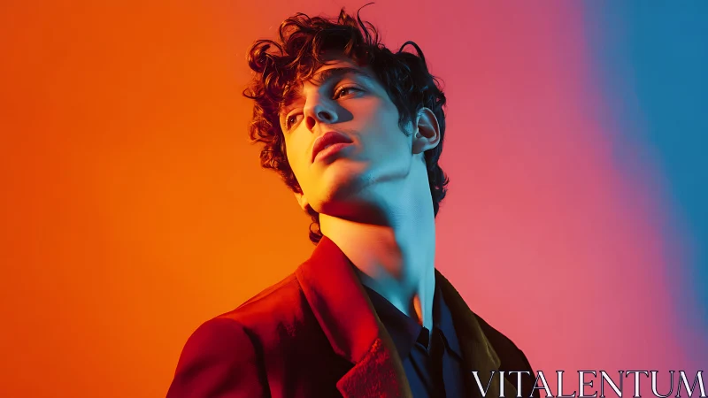 Curly haired model poses under vivid orange and blue light