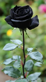 Black rose bloom with green foliage on blurred garden background.