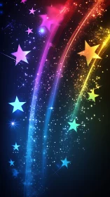 Rainbow shooting stars tracing glitter paths in night sky.