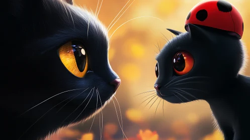 Black cat with golden eyes meets black cat wearing ladybug helmet.