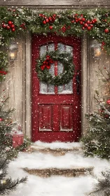 Red Christmas door glows under snowfall and evergreen wreath