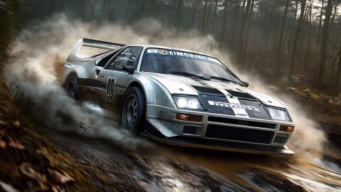 Group B rally car powersliding through wet forest gravel stage