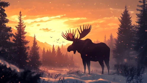 Twilight antler monarch strolling through ember snow dusk.