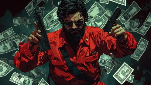 Bearded figure in red jumpsuit holds two pistols amid banknotes
