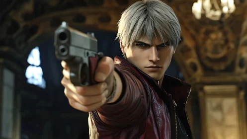 Silver‑haired gunfighter freezes time with a fierce stare