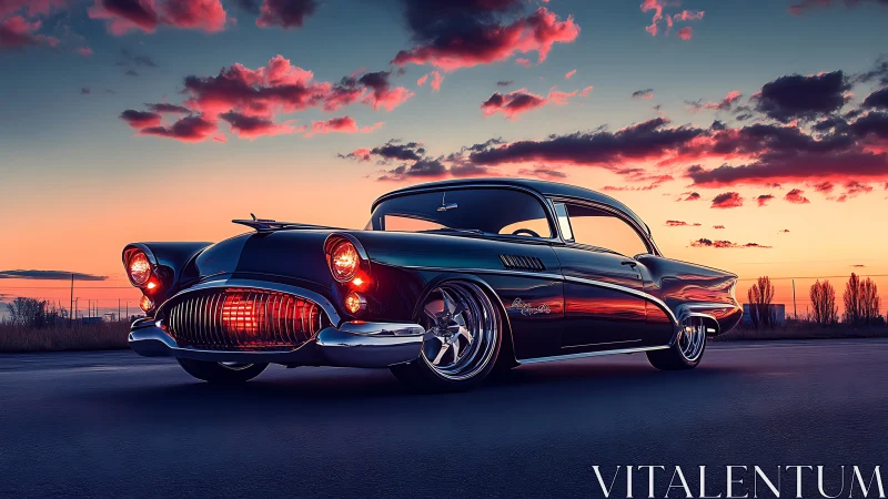 Photorealistic lowrider coupe at neon sunset horizonline.