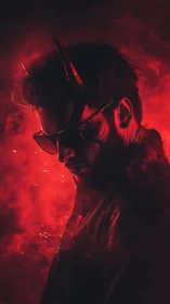 Horned man in red neon haze wearing sunglasses portrait.