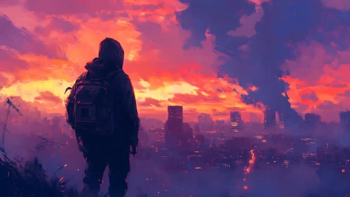 Hooded urban wanderer overlooking neon dusk city skyline