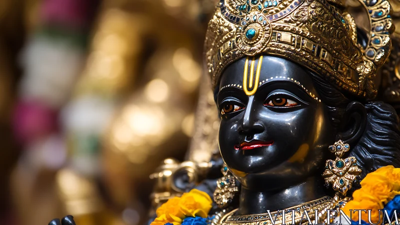 Radiant black stone deity shines in golden temple light