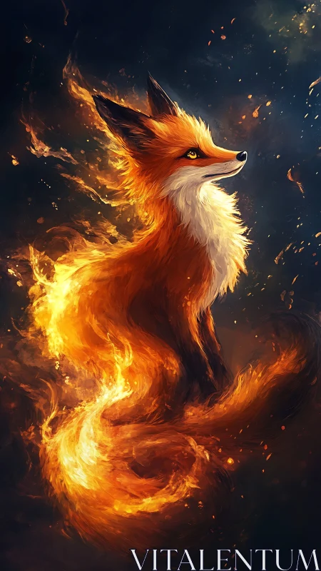 Digital illustration of fiery fox with flowing flame tail.