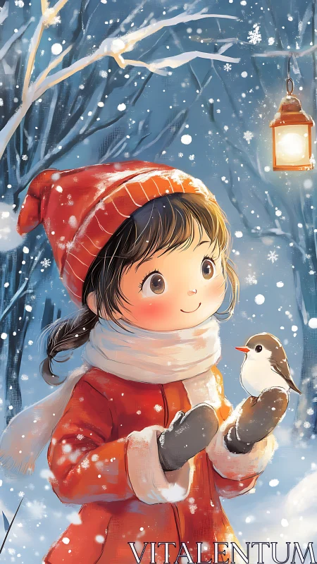 Winter girl cradles small bird under glowing lantern snow