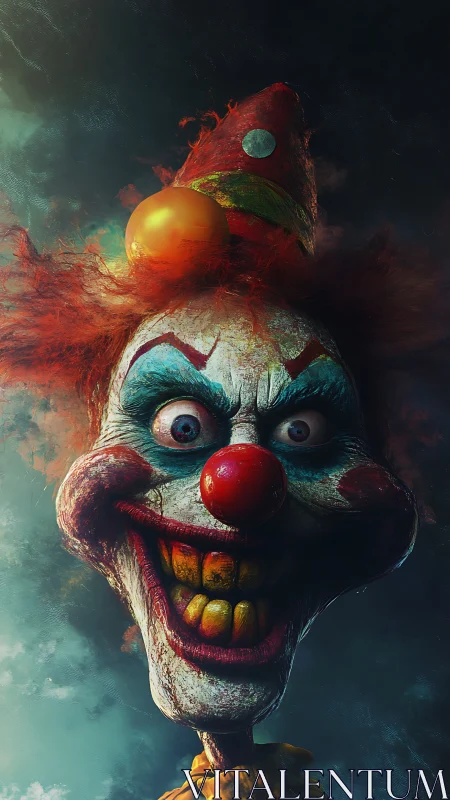 Grotesque clown portrait with exaggerated teeth, glare and decayed makeup