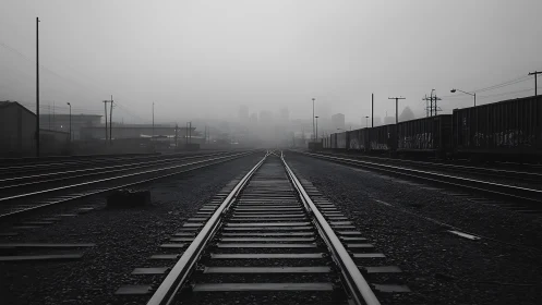 Converging railway tracks in foggy industrial freight yard.