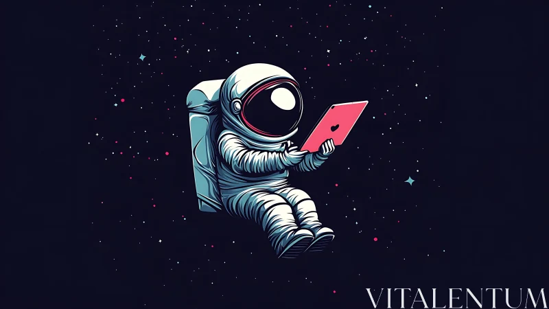 Cozy stargazing astronaut scrolling love notes in space.