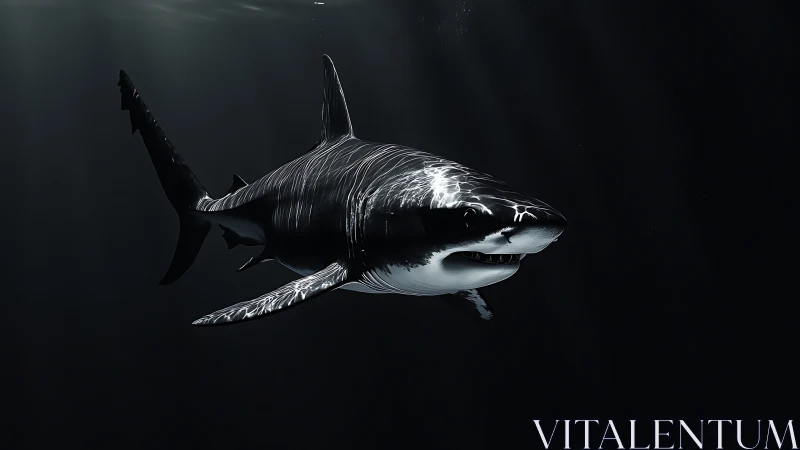 Graceful great white shark gliding through calm dark waters.