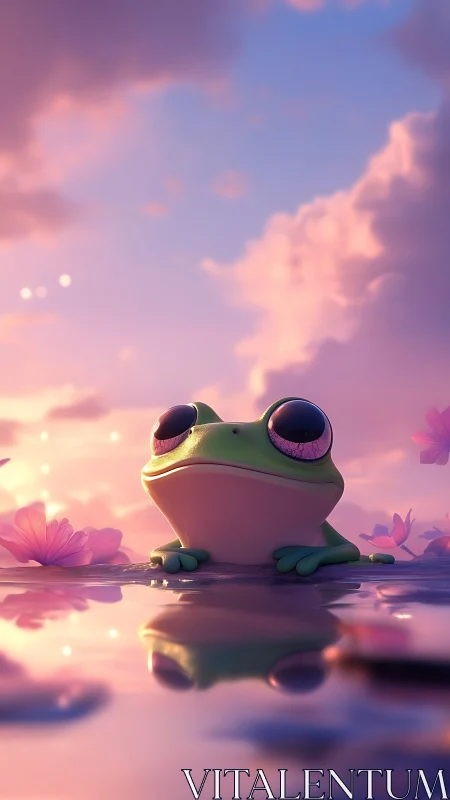 Cute cartoon frog resting on water under pink sunset sky.