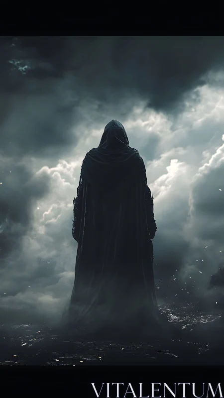 Hooded cloaked figure stands alone before dense storm clouds
