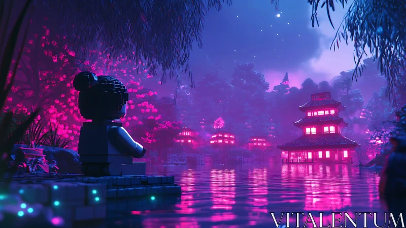Lego minifigure observes neon-lit pagoda across reflective lake