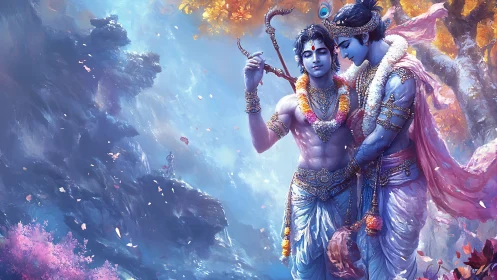 Divine blue figures share a serene embrace amid blossoms.