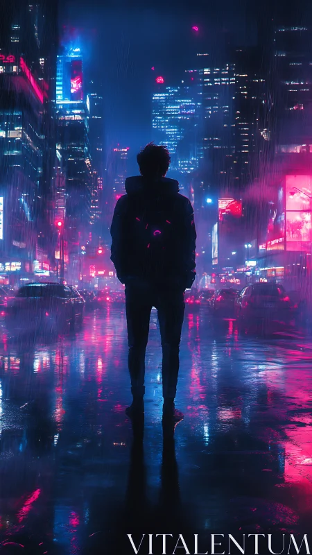 Neon drifter in rain-soaked cyber city glow at midnight.