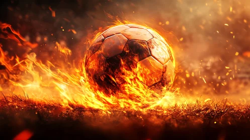 Burning soccer ball rolls through blazing grass field