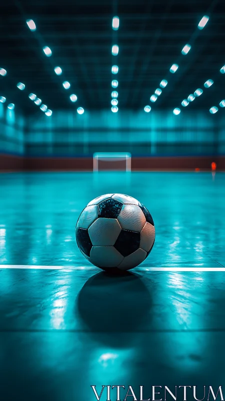Quiet futsal court glow with lone soccer ball waiting calmly.