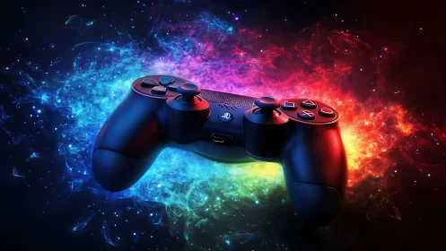 Cosmic gamepad sails through neon starlight and digital fire