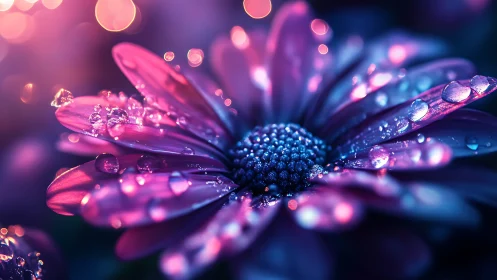 Macro Daisy with Water Droplets in Neon Gradients.