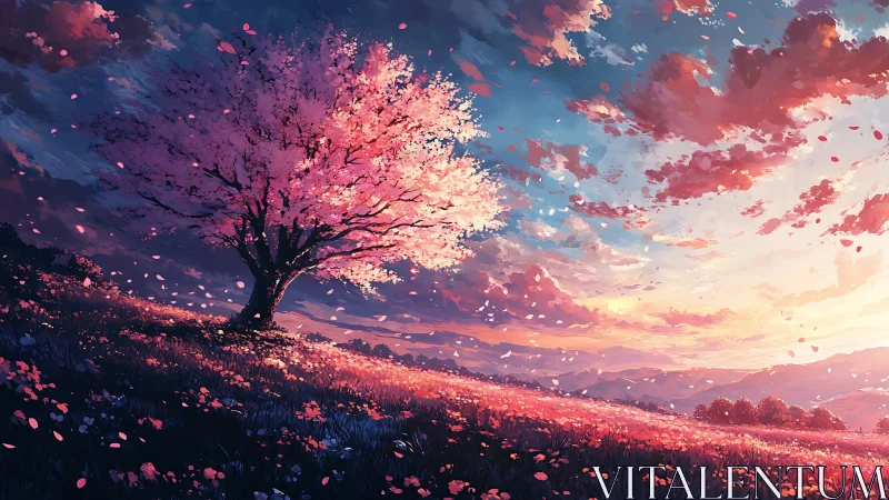 Solitary blossom tree on sloped meadow under sunset sky.