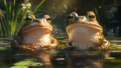 Sunny pondside chat with two wonderfully patient frogs.