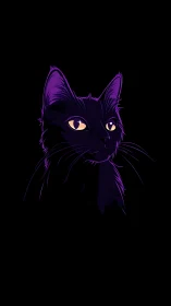Purple-toned cat illustration with luminous amber eyes against black background.