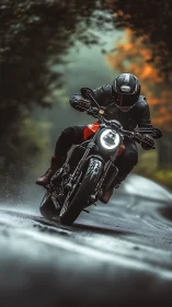 Motorcyclist leans into wet forest curve at dusk