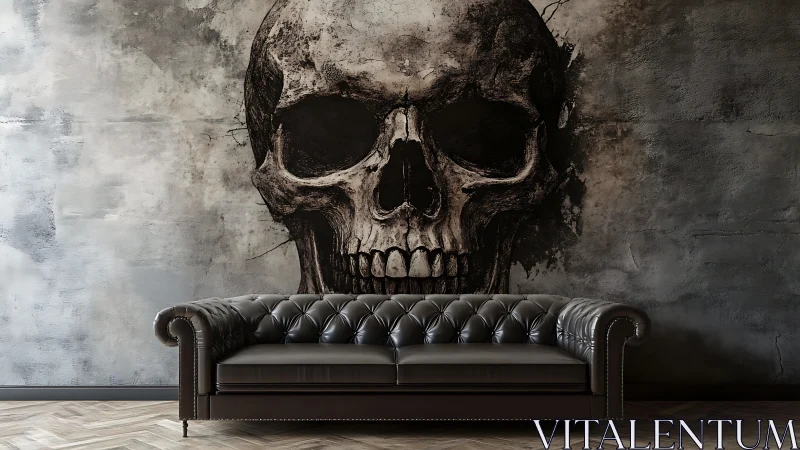 Skull mural dominates industrial wall behind leather sofa.