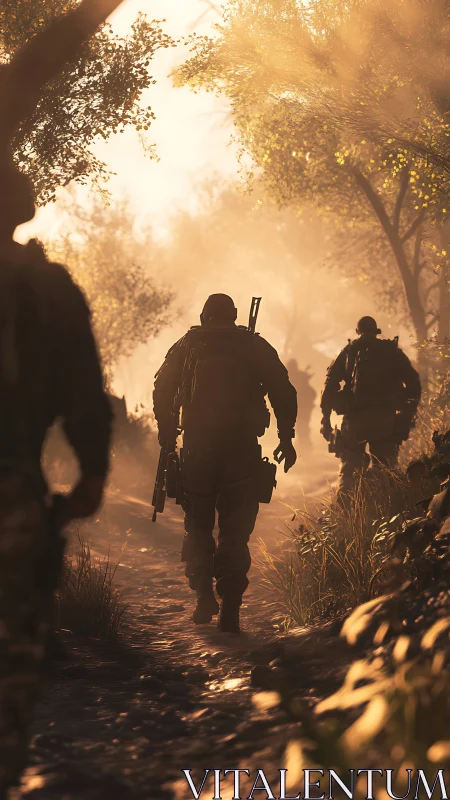 Soldiers patrol sunlit forest trail in golden haze.