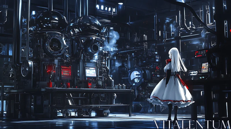 Curious girl explores a glowing midnight sci fi laboratory.