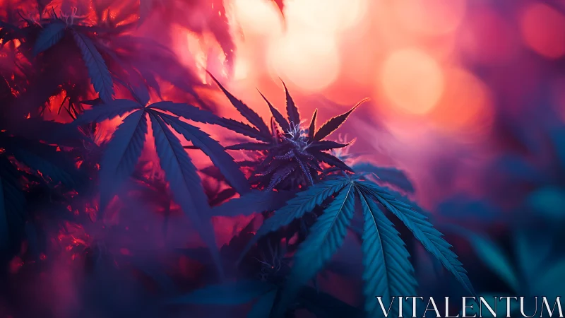 Cannabis inflorescence in neon bokeh spectral lighting field.