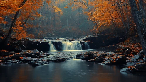 Gentle woodland waterfall wrapped in deep autumn color.