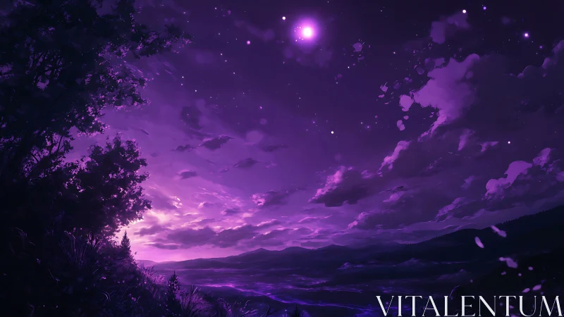 Purple twilight sky over distant mountains and trees.