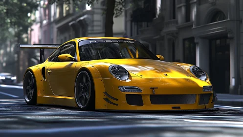 Yellow GT race car rendered with high-gloss street lighting realism