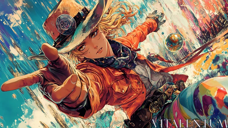 Dynamic cowgirl figure in vivid abstract environment.